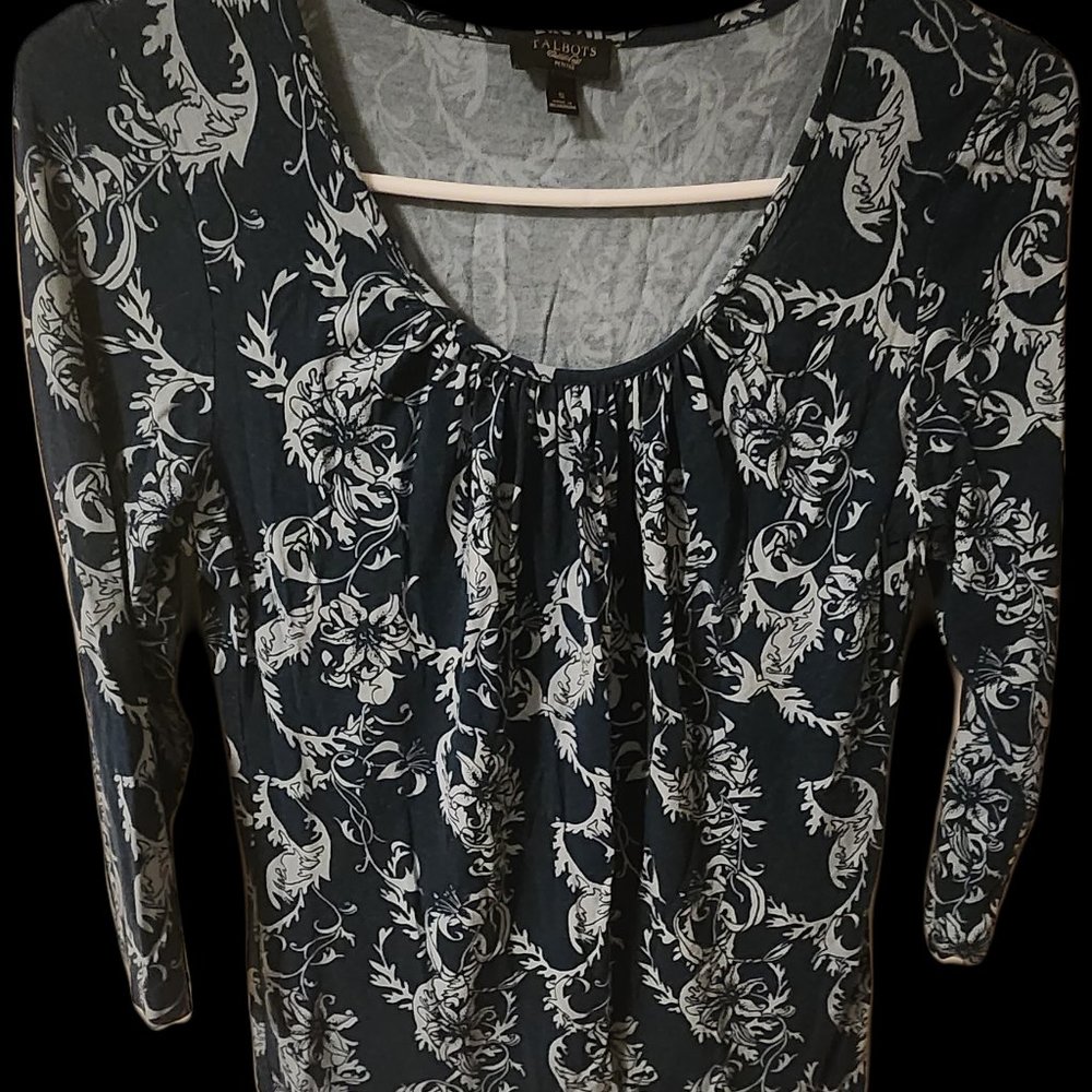 Talbots Petites S Teal Floral Scoopneck Popover Blouse